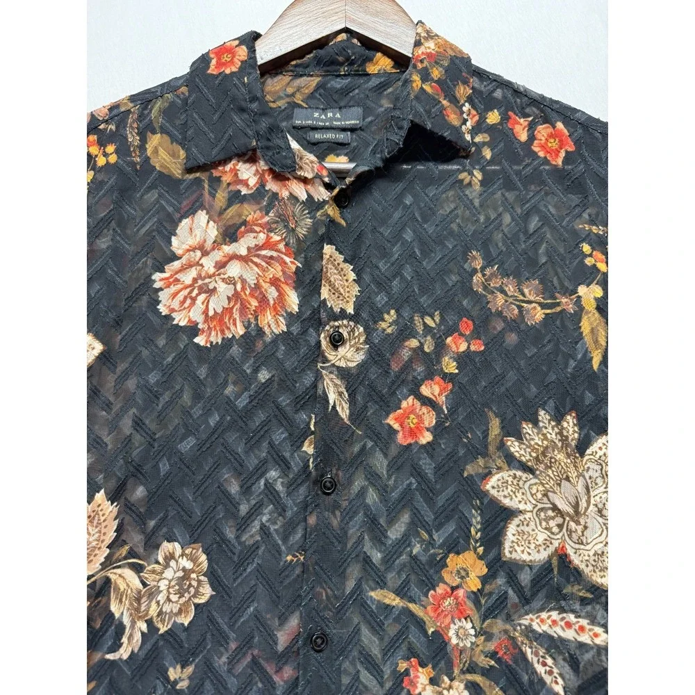 Zara‎ Hawaiian Shirt Mens Small Black Multi Floral Print Relaxed Fit Button Up